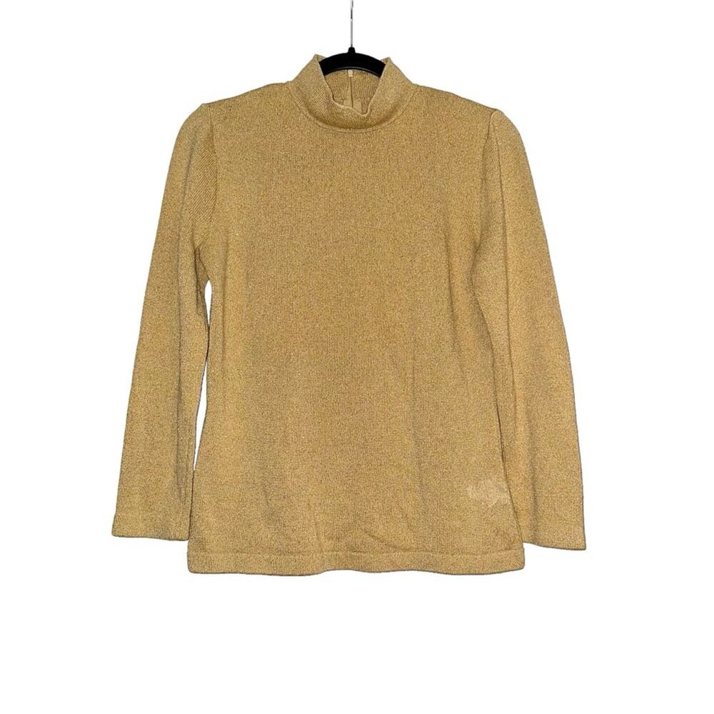 ST JOHN Basics Santana Knit Gold Mock Neck Sweater Top MEDIUM